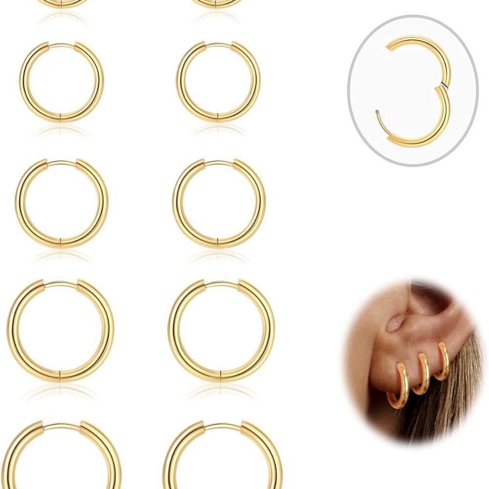 Mini 3 Pairs Small Gold Hypoallergenic Huggie Hoop Earrings Set for Women — 14K